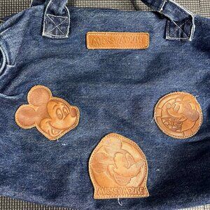 Vintage Disney Mickey Mouse Denim Tote With Faux Leather Patch Details & Zipper